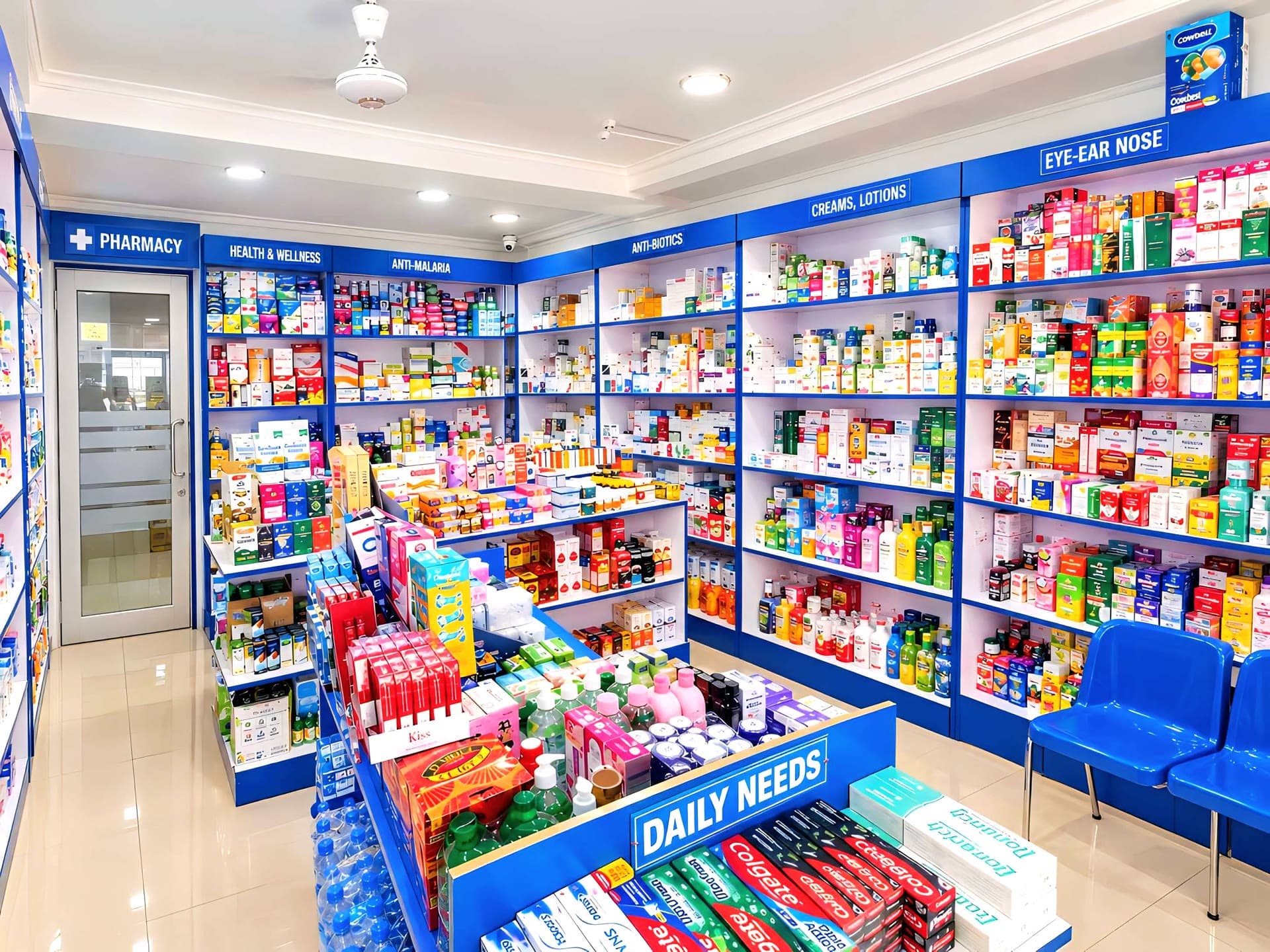 Inside Prolifer Pharmacy LTD, fully stocked shelves